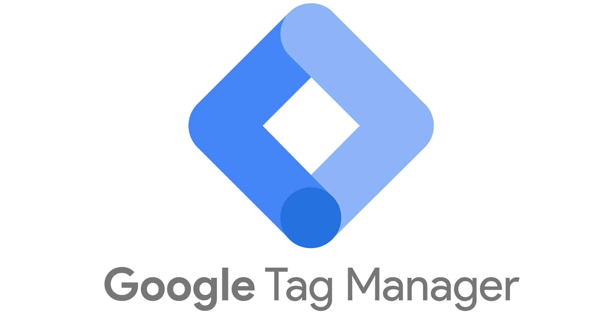 الشعار الرسمي لأداة Google Tag Manager، يظهر على شكل معين هندسي باللونين الأزرق الفاتح والداكن مع نقطة زرقاء دائرية في الأسفل، وأسفله اسم الأداة باللون الرمادي على خلفية بيضاء معزولة.