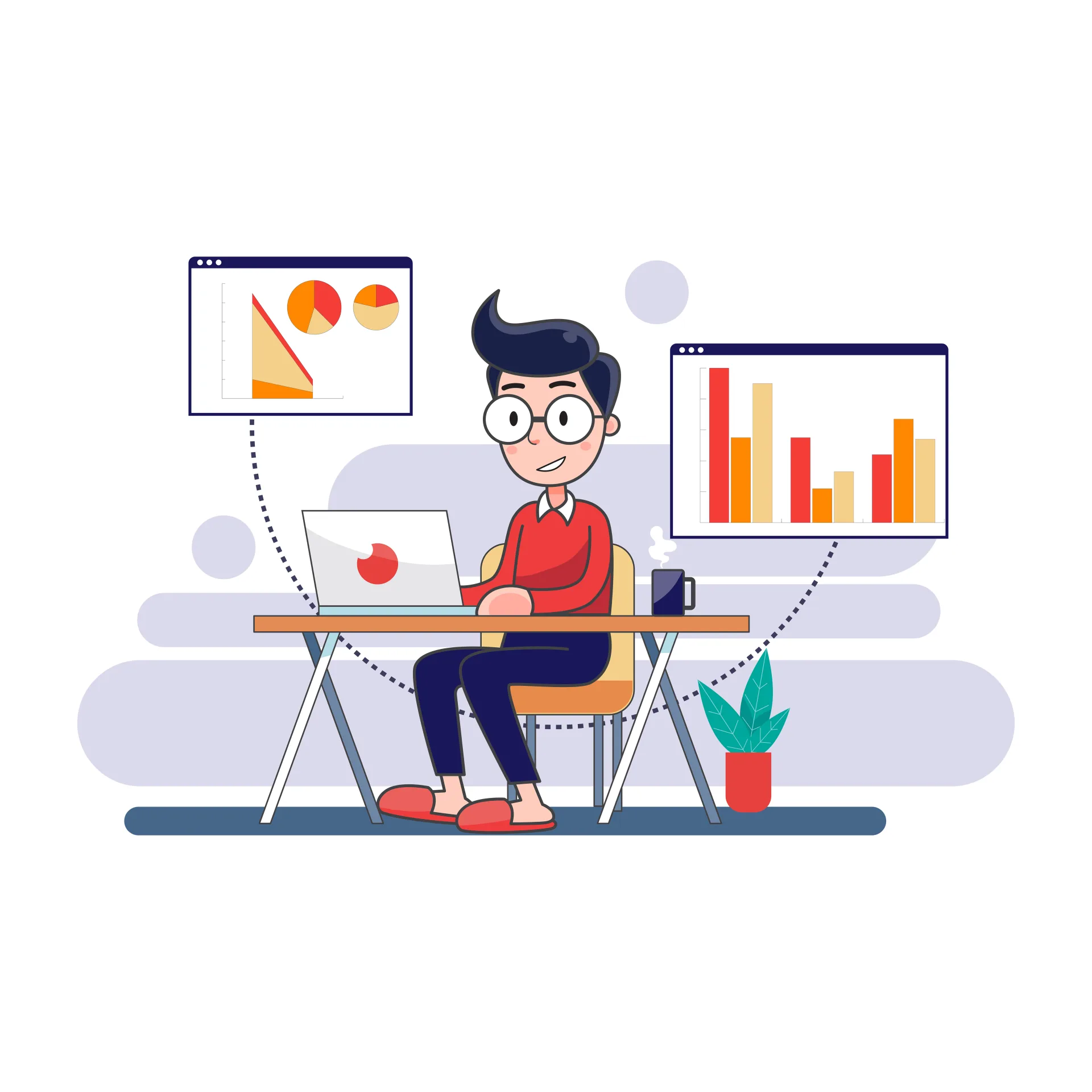 رسم توضيحي مسطح (Flat Illustration) لشاب يرتدي نظارة طبية وتيشيرت أحمر وبنطالاً كحلياً يجلس على كرسي أصفر خلف مكتب خشبي ويعمل على جهاز لابتوب، يخرج من اللابتوب خطان منقحان يتصلان بنافذتين عائمتين لرسوم بيانية وأعمدة إحصائية ملونة بالبرتقالي والأحمر والأصفر، وبجانبه على المكتب كوب قهوة أزرق يخرج منه بخار ونبتة زينة حمراء صغيرة، على خلفية بيضاء مخططة بظلال بنفسجية هادئة.