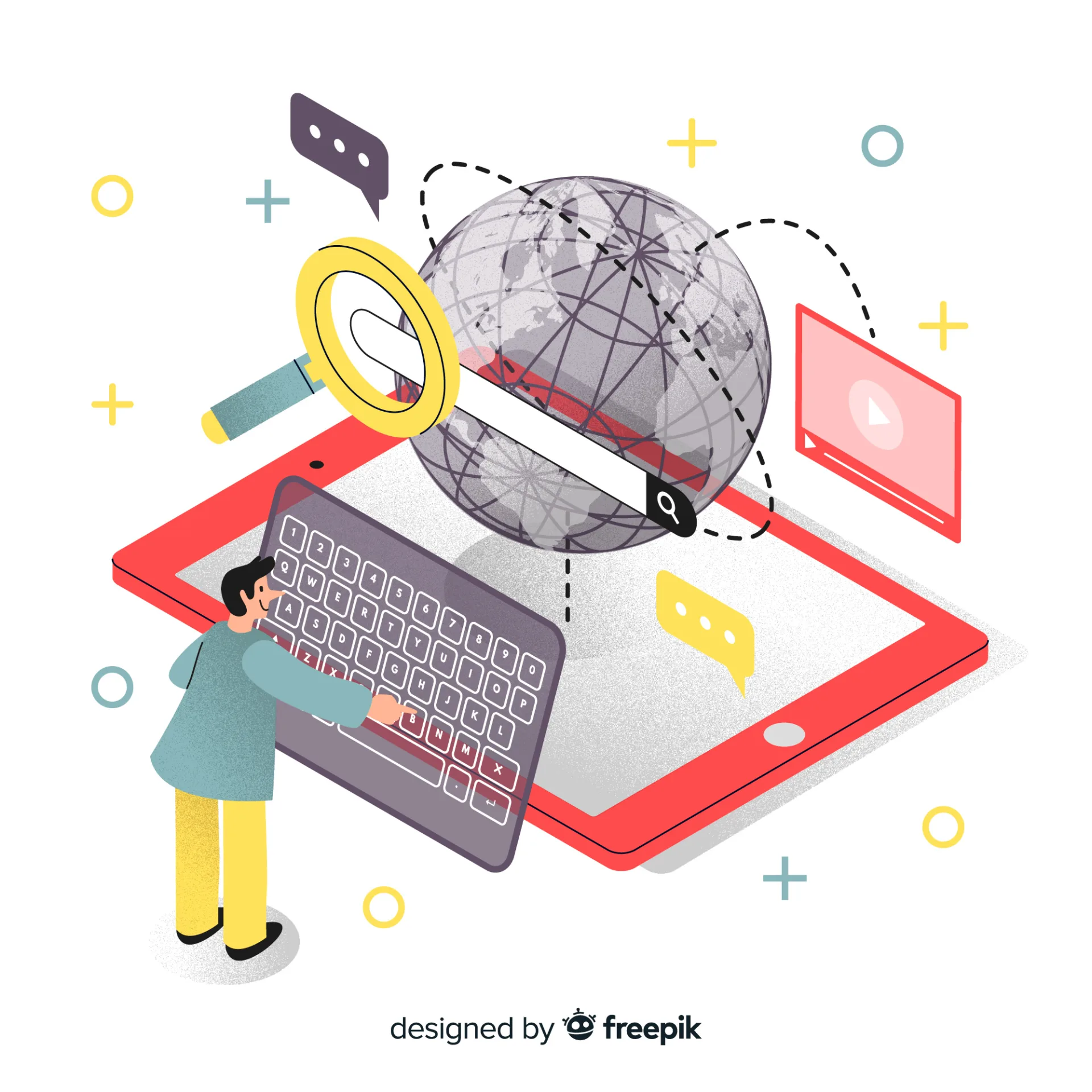 رسم توضيحي ثلاثي الأبعاد متساوي القياس (Isometric Illustration) يظهر فيه جهاز تابلت أحمر كبير فوقه مجسم للكرة الأرضية محاط بخطوط شبكية متصلة، وعدسة مكبرة صفراء تفحص شريط بحث، بينما يقف شخص من الخلف يكتب على لوحة مفاتيح رمادية عائمة، وبجانبها أيقونات لعلامات (+) ودوائر ملونة وشاشة عرض فيديو صغيرة.