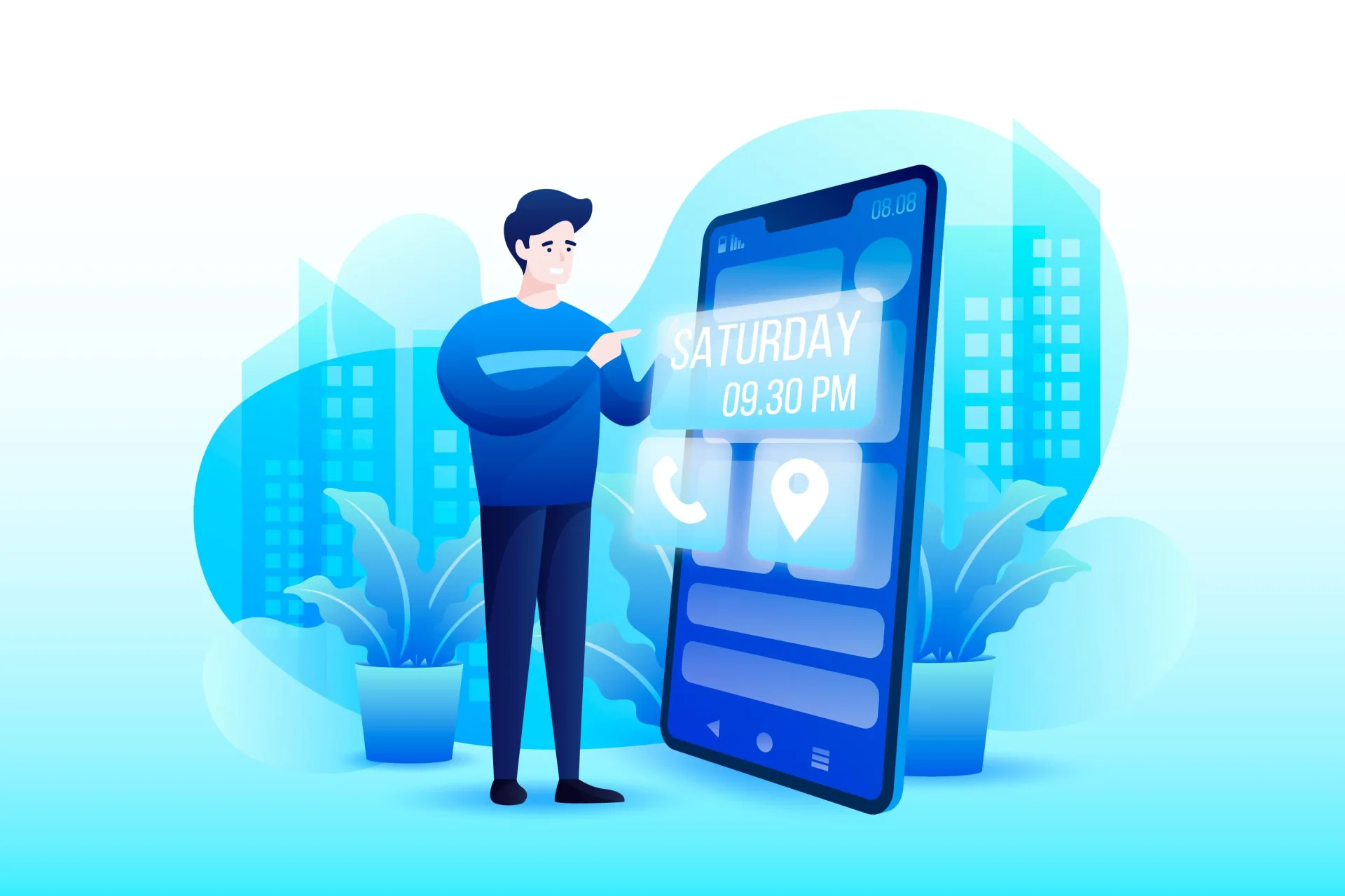 تصميم مسطح (Flat Illustration) باللون الأزرق لشاب يقف بجانب هاتف ذكي ضخم يعرض واجهة مستخدم (UI) تفاعلية تحتوي على أداة توقيت، أيقونة اتصال، وأيقونة موقع جيوغرافي، مع ناطحات سحاب ونباتات في الخلفية.
إنشاء موقع إلكتروني احترافي