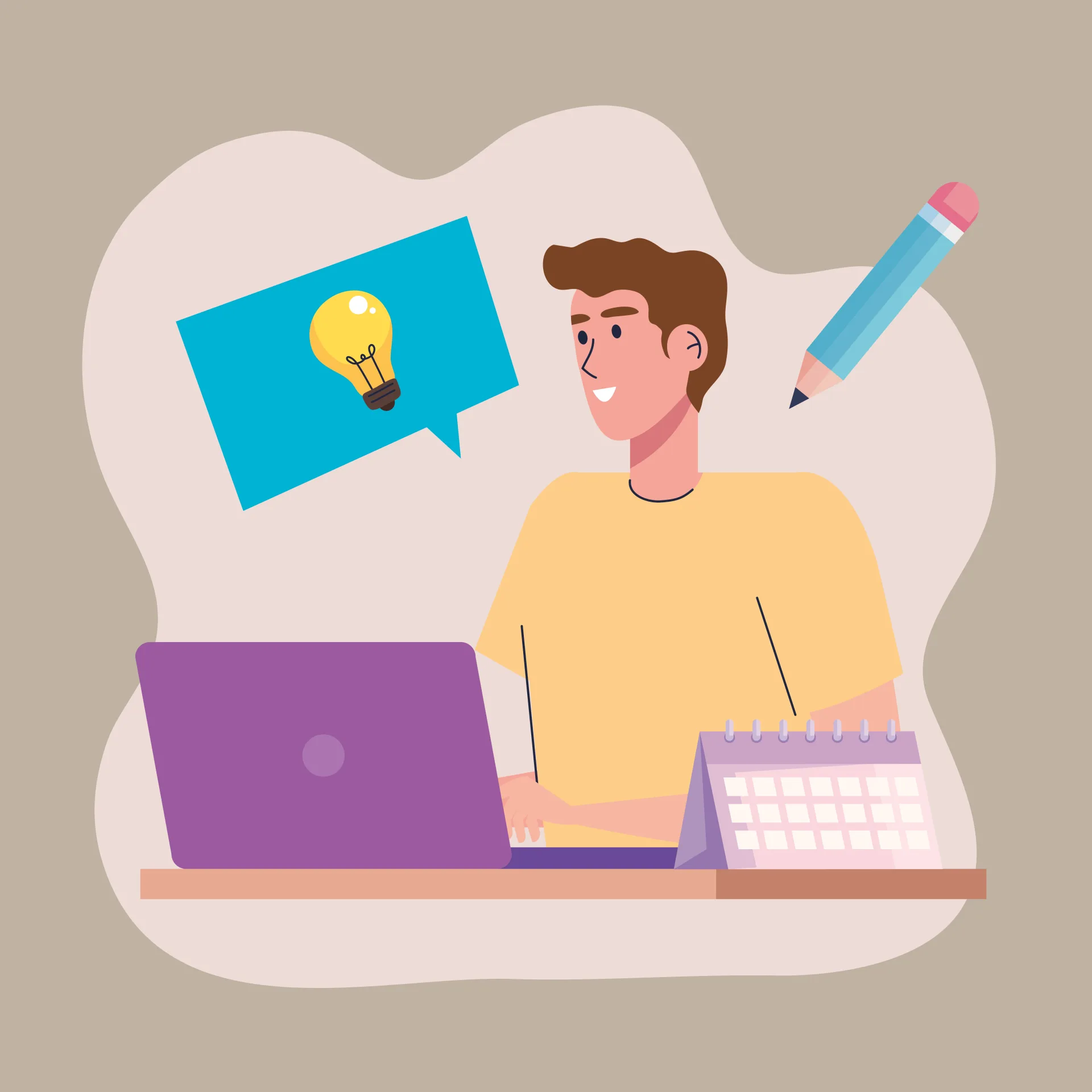 رسم توضيحي مسطح (Flat Illustration) لشاب ذو شعر بني يبتسم ويرتدي تيشيرت أصفر، يجلس خلف مكتب خشبي بني ويعمل على جهاز لابتوب باللون البنفسجي. تظهر على المكتب بجانب اللابتوب نتيجة تقويم (Calendar) صغيرة باللونين الأبيض والبنفسجي. يطفو فوق رأس الشاب جهة اليسار مربع حوار أزرق بداخله مجسم لمصباح كهربائي أصفر (لمبة) يرمز للفكرة، ويطفو جهة اليمين قلم رصاص مائل باللونين الفيروزي والوردي. الخلفية عبارة عن مساحة وردية فاتحة محاطة بإطار رمادي سادة.