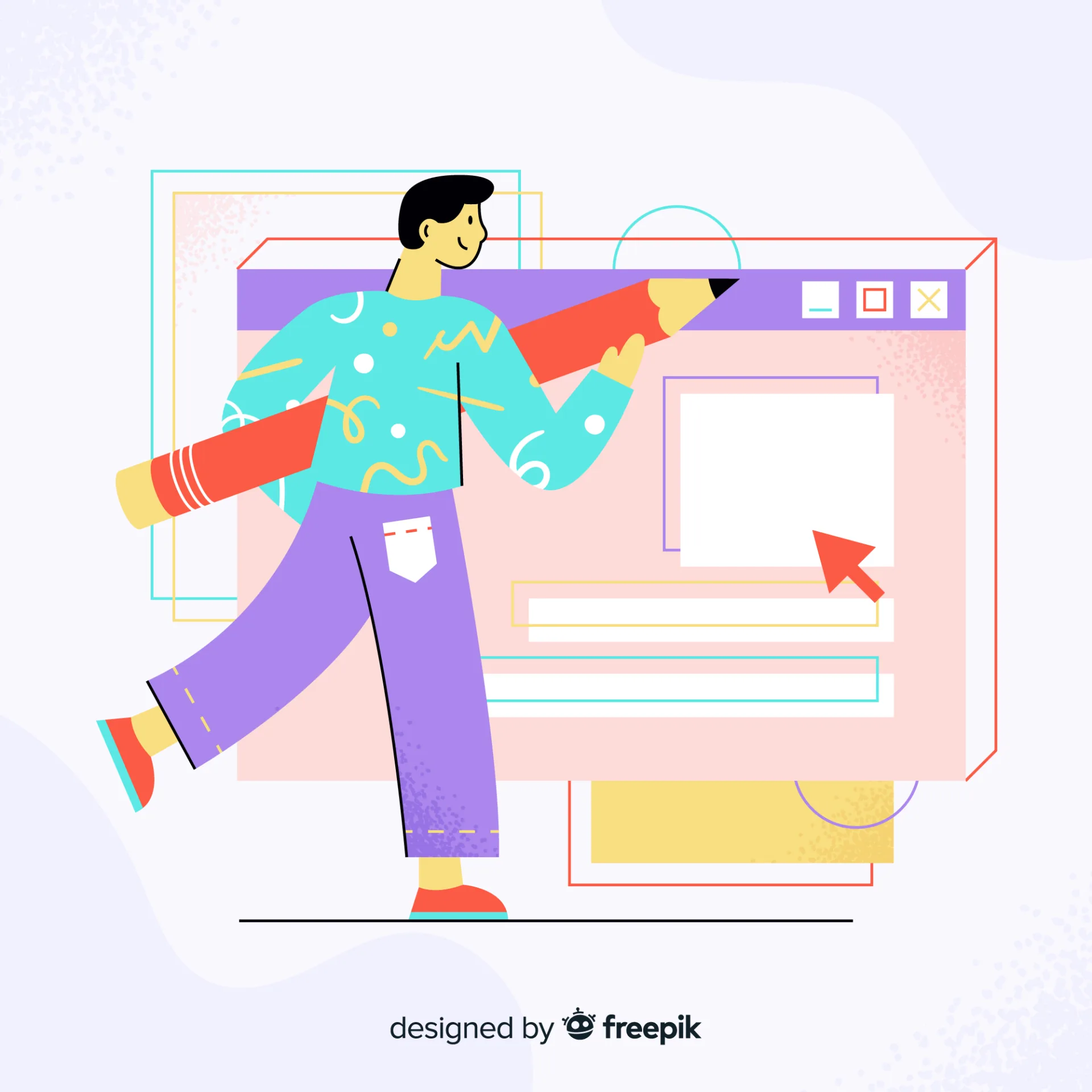 رسم توضيحي مسطح (Flat Illustration) لشخص يرتدي سويت شيرت تركوازياً منقوشاً وبنطالاً بنفسجياً، يسير حاملاً قلم رصاص أحمر خشبياً ضخماً، وبجانبه نافذة متصفح ويب كبيرة باللون الوردي والبنفسجي تعرض واجهة مستخدم (UI) مع مؤشر سهم أحمر، على خلفية بيضاء منقوشة بنقاط رمادية خفيفة.