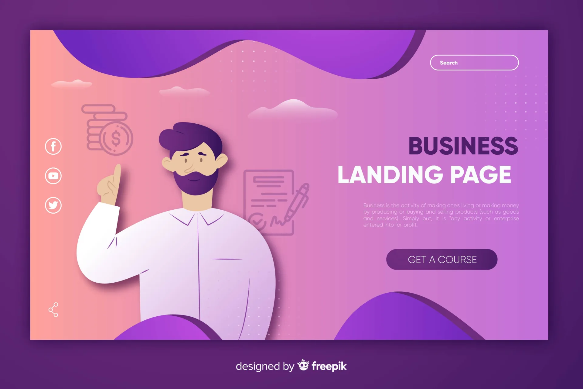 واجهة مستخدم رقمية باللونين الوردي والبنفسجي تشرح ما هي صفحة الهبوط Landing Page؟، يظهر فيها رسم توضيحي لرجل ملتحٍ يشير بأصبعه للأعلى بجانب رموز لعملات نقدية، وثيقة رسمية مختومة، وأيقونات لشبكات التواصل الاجتماعي مع زر اتخاذ إجراء (CTA) مكتوب عليه "Get a course".