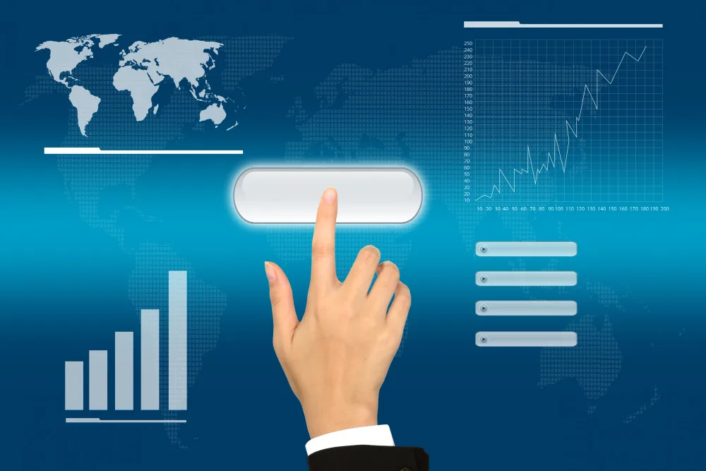A person's hand pressing a glowing virtual button on a digital dashboard interface, demonstrating how to control website functionality with data charts, a world map, and growth analytics in the background.