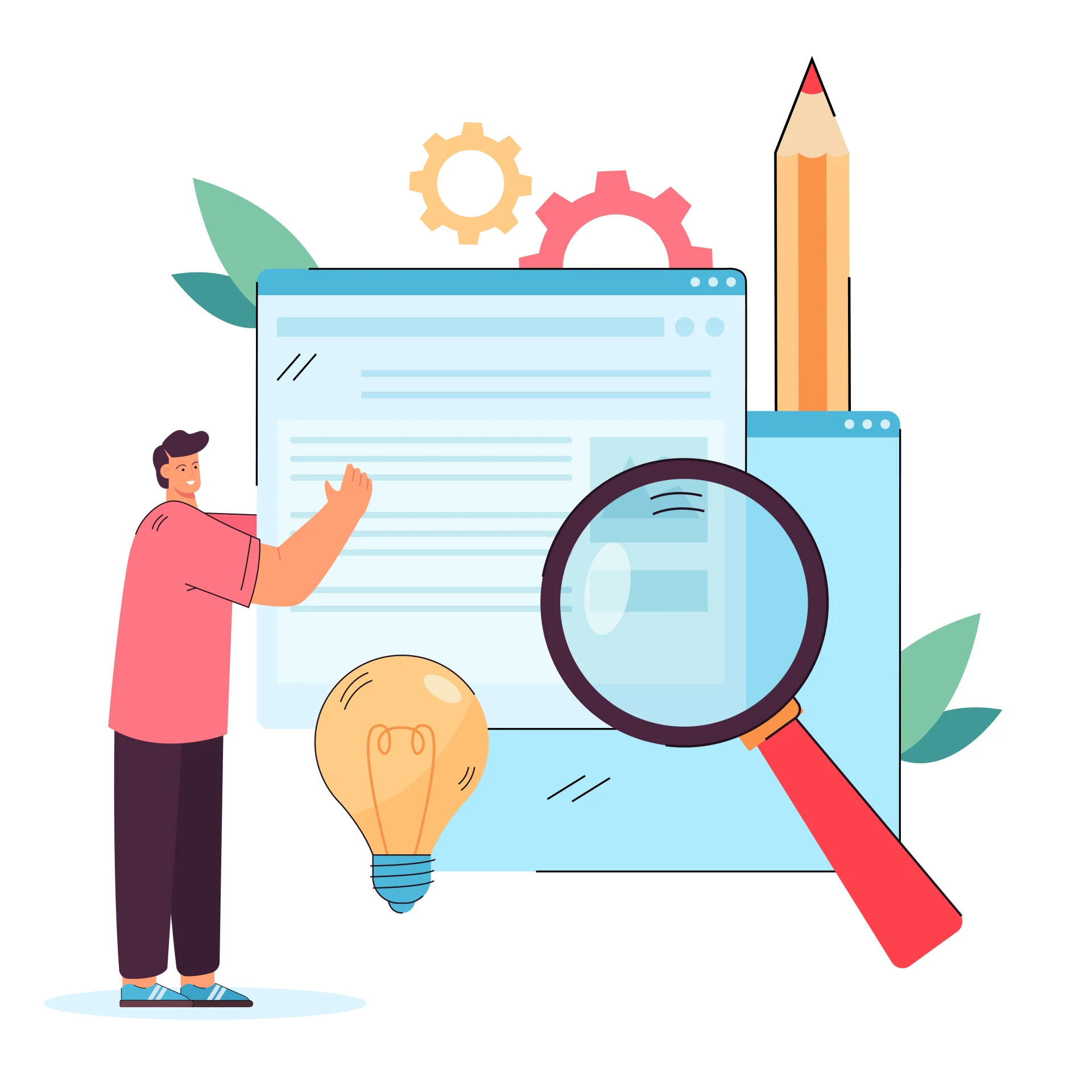 رسم توضيحي مسطح (Flat Illustration) يعرض نافذتي متصفح ويب عائمتين باللون الأزرق الفاتح والرمادي. يقف جهة اليسار شاب يرتدي قميصاً وردياً وبنطالاً أسود ماداً يديه نحو النوافذ. يظهر في المقدمة مجسم لعدسة مكبرة كبيرة ذات مقبض أحمر تفحص المحتوى، وبجانبها مجسم لمصباح كهربائي أصفر (لمبة) يرمز للأفكار. يبرز في الخلفية قلم رصاص خشبي عملاق قائم بشكل رأسي، وتطفو في الأعلى تروس ميكانيكية باللونين البرتقالي والوردي مع أوراق شجر خضراء على الجانبين.